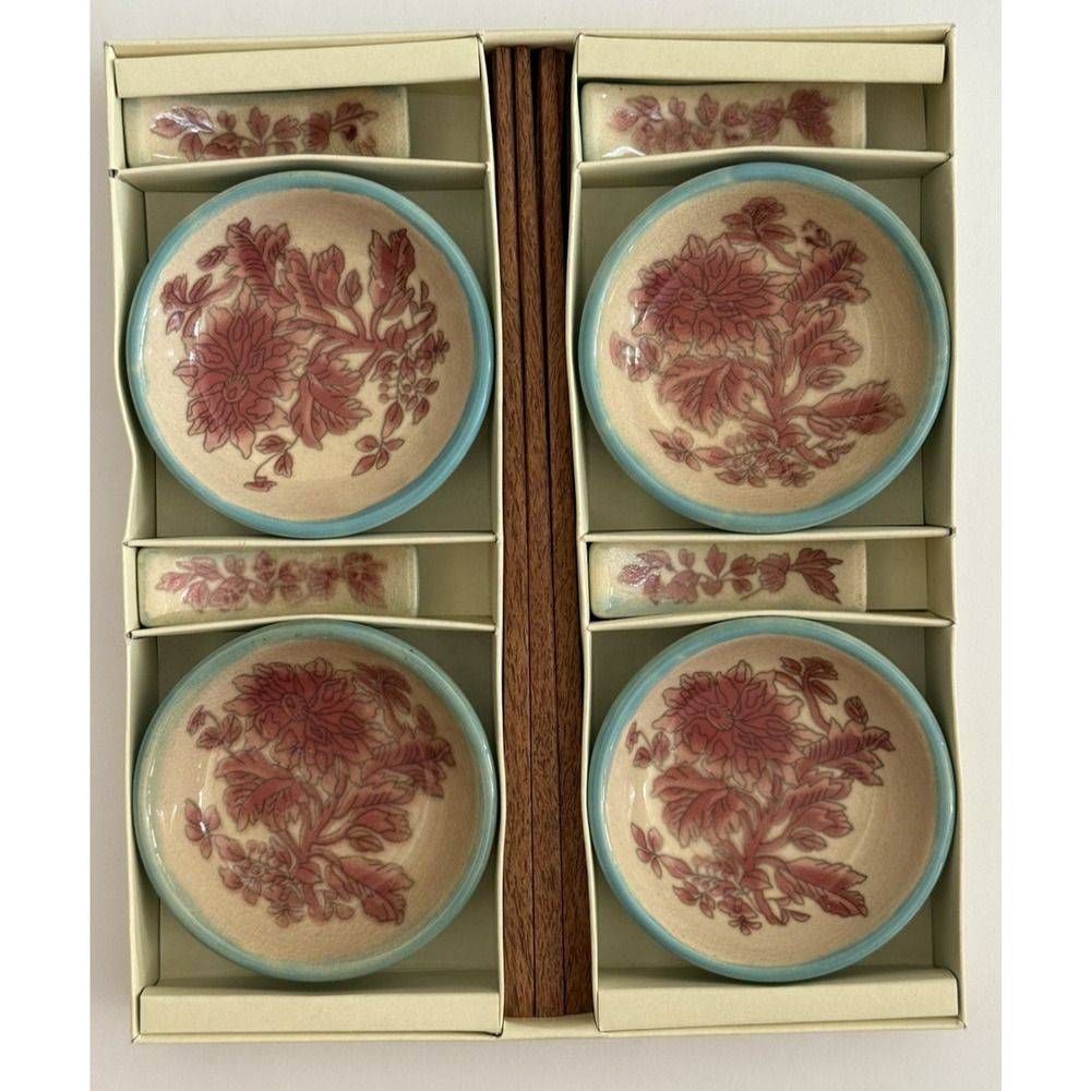 NIB Pier 1 FIONA Set of 4 Chopsticks, Pink Floral Ceramic Rests & Dipping Bowls